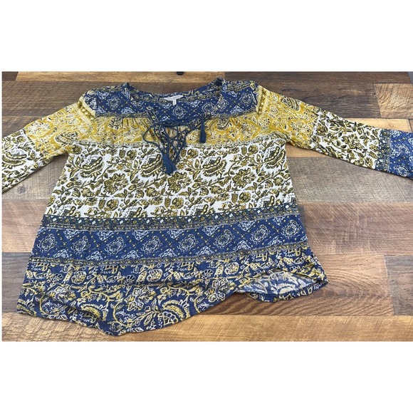 Lucky Brand Medium Blue Yellow Floral Paisley Tassel Tie Peasant Top Boho Blouse - Picture 1 of 7
